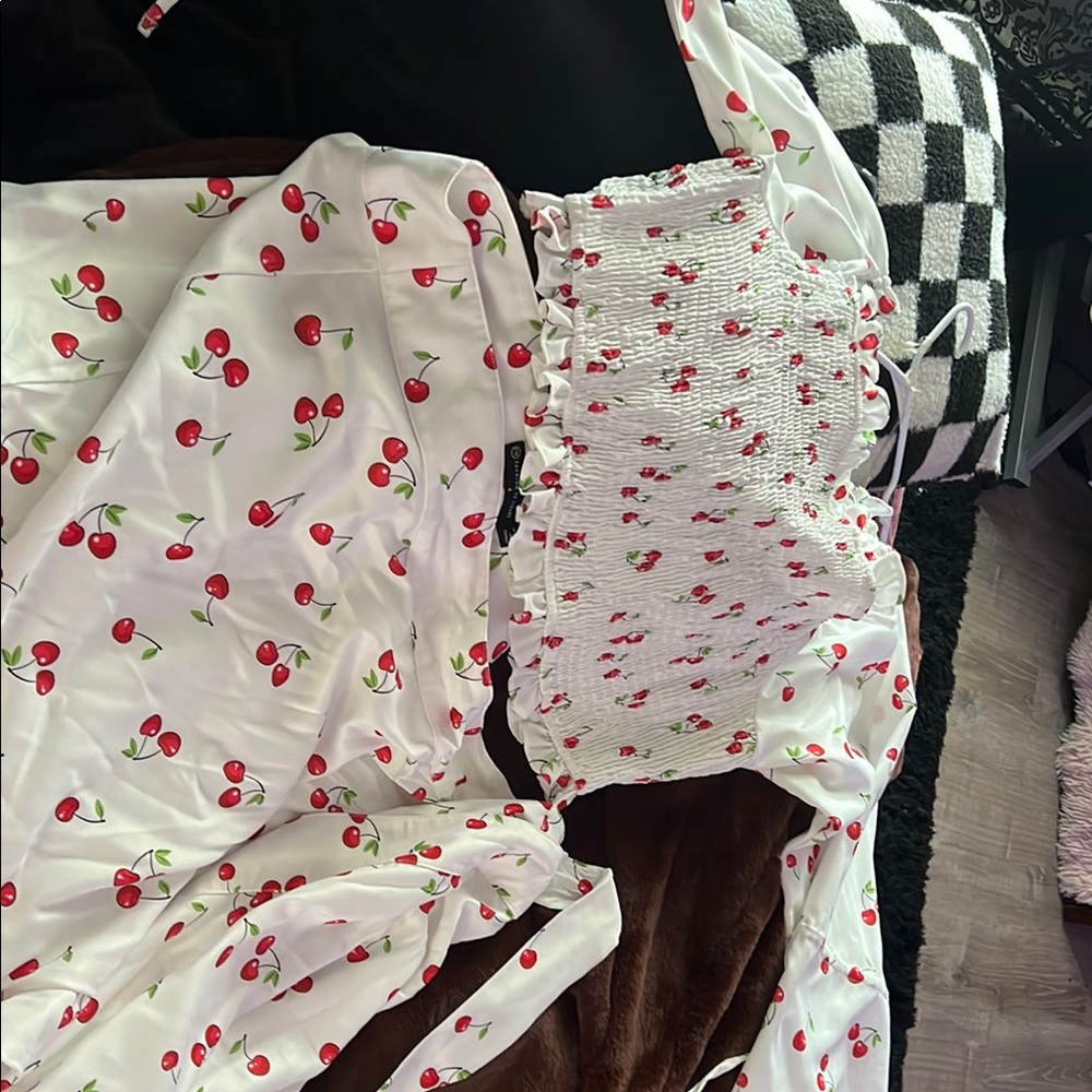 Cherry Print White Top and Skirt Set
